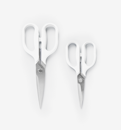 Misen kitchen shears in two sizes with white handles and stainless steel blades