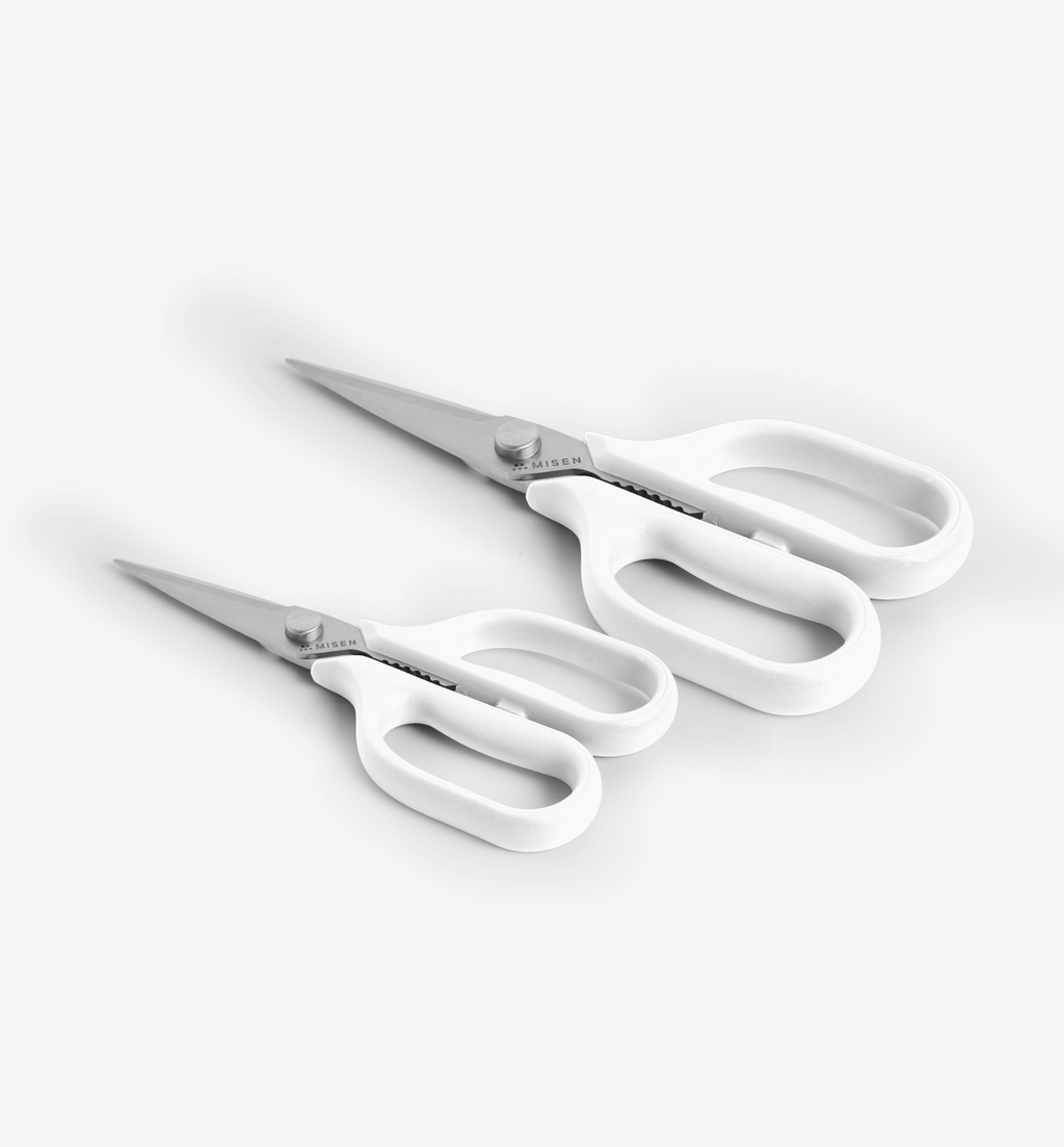 Misen kitchen shears set with white handles, large and small sizes