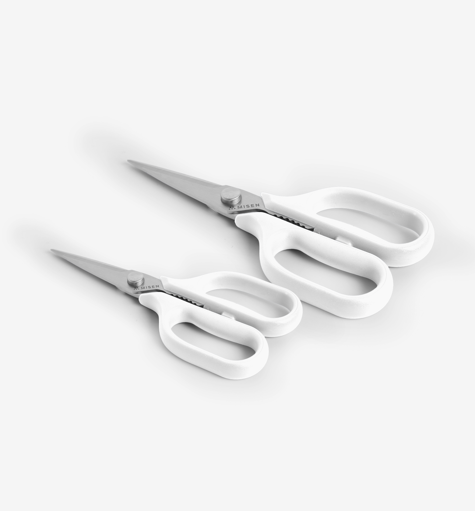 Misen kitchen shears set with white handles, large and small sizes